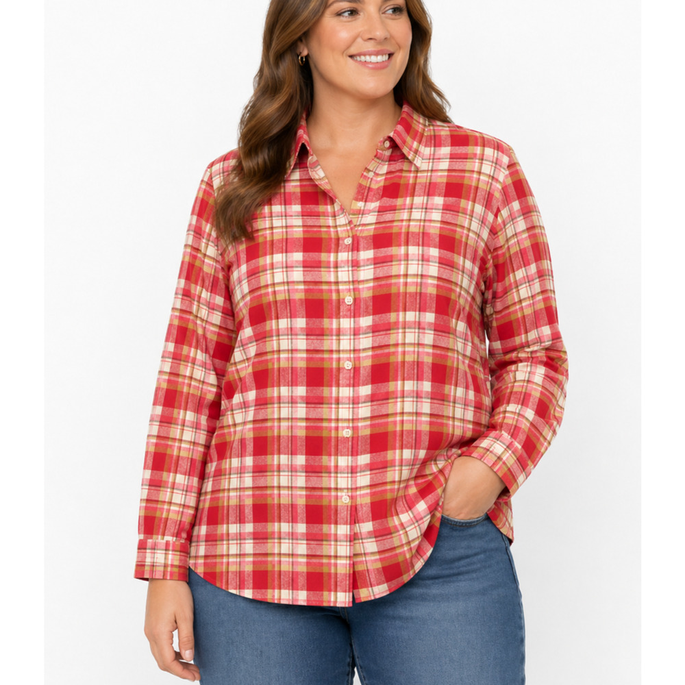Lands End Women's 1X 18 Flannel Shirt Red Pink Plaid Cotton Button Front Classic